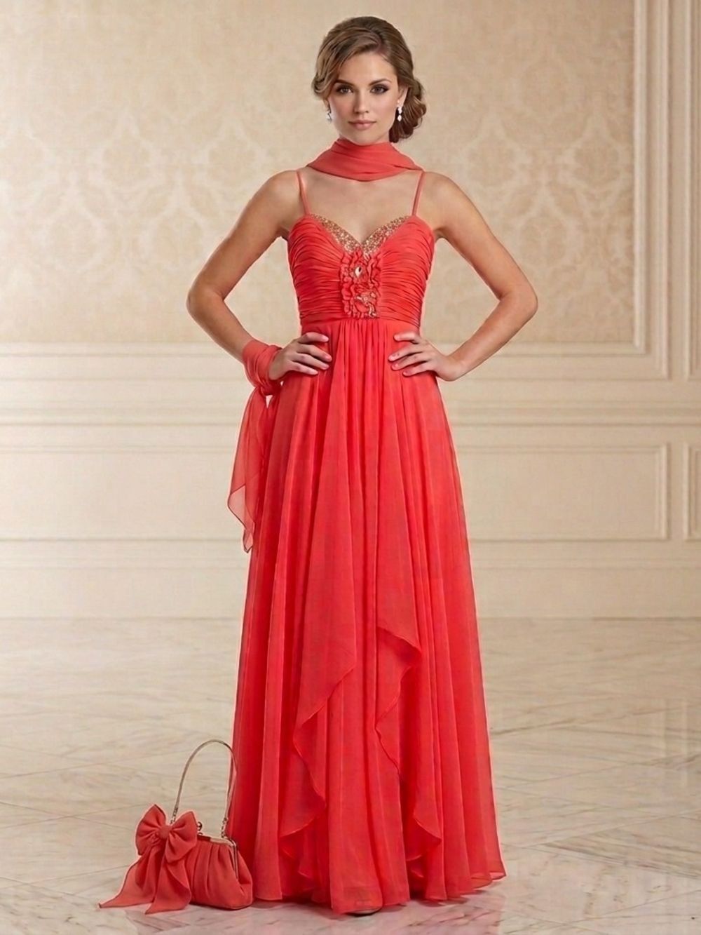 Cindy USA Coral Pink Chiffon Beaded Bodice Maxi Formal Gown with Scarf Lg